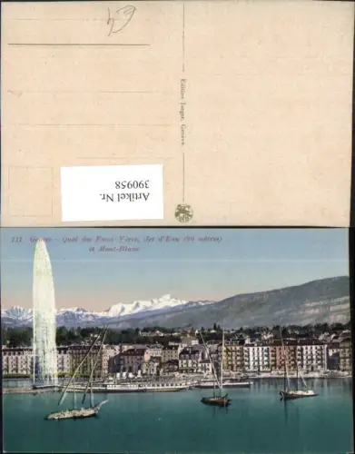 390958,Geneve Genf Quai des Eaux-Vives Jet d'Eau et Mont-Blanc Teilansicht Fontäne Dampfer