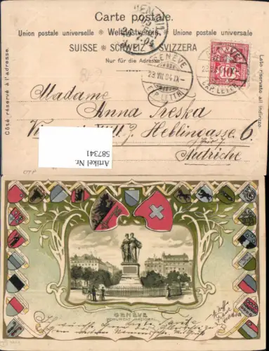 587341,Präge Litho Geneve Genf Monument National Fahne Wappen Patriotik Switzerland