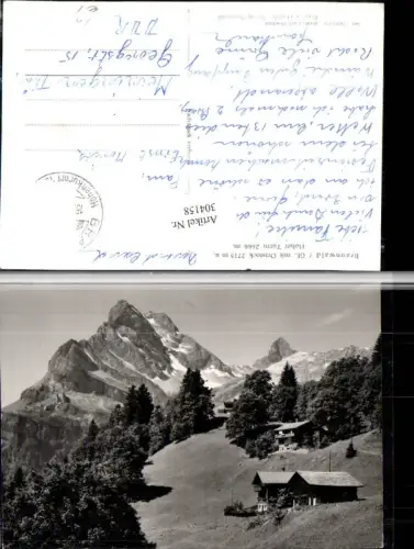 304158,Braunwald Almhütten m. Ortstock u. Hoher Turm Bergkulisse Kt Glarus