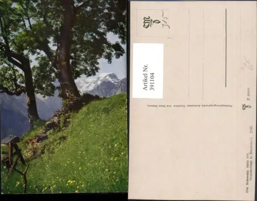 391104,Künstler AK Sommertage im Braunwald Bäume Bergkulisse Kt Glarus