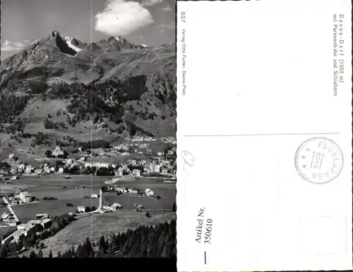350610,Davos-Dorf Totale m. Parsennbahn u. Schiahorn Bergkulisse Kt Graubünden