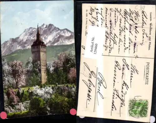 129460,Luzern Wachtturm u. Pilatus Ansicht 1908
