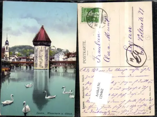 129462,Luzern Wasserturm u. Gütsch Ansicht Schwäne 1913