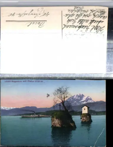 309682,Meggenhorn Kapelle Kreuz Felsen Dampfer m. Pialuts Bergkulisse Kt Luzern