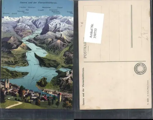 350753,Luzern Totale u. Vierwaldstättersee aus d. Vogelschau pub E. Goetz 4121