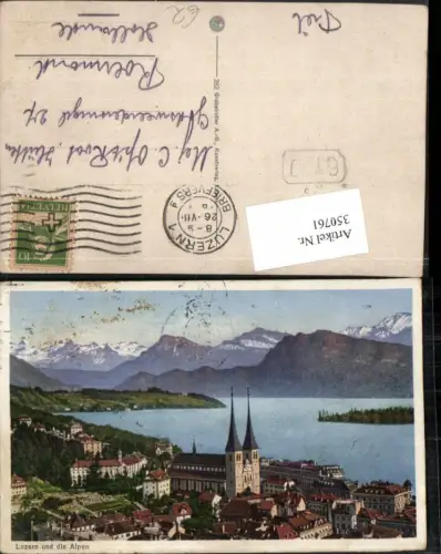 350761,Luzern Teilansicht Kirche m. Alpen Bergkulisse