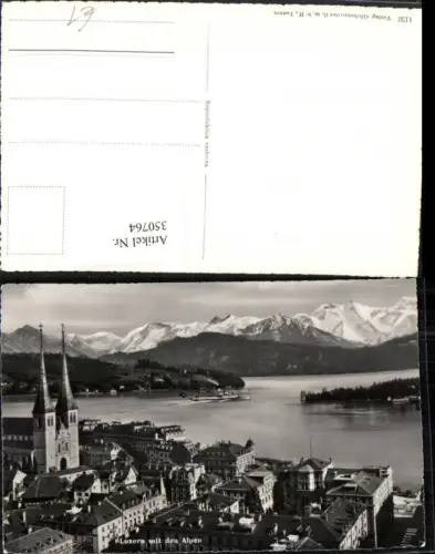 350764,Luzern Teilansicht Kirche m. Alpen Bergkulisse Dampfer