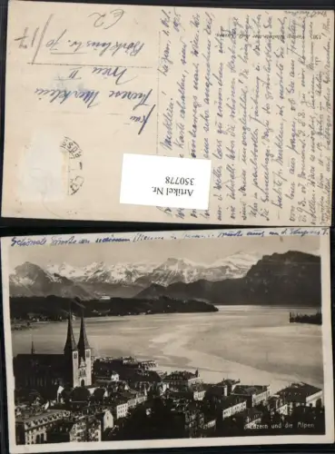 350778,Luzern Teilansicht Kirche m. Alpen Bergkulisse