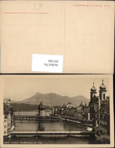 391360,Luzern Reußbrücke Brücke Wasserturm Kirche u. Rigi Bergkulisse