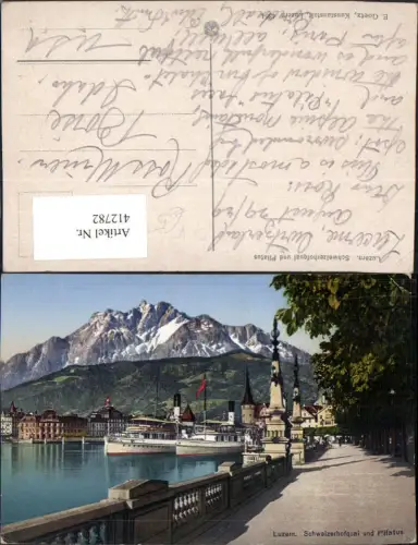 412782,Luzern Schweizerhofquai Dampfer u. Pilatus Bergkulisse pub E. Goetz 4364