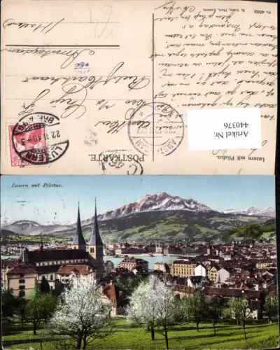 440376,Luzern Totale Kirche m. Pilatus Bergkulisse pub E. Goetz 4009