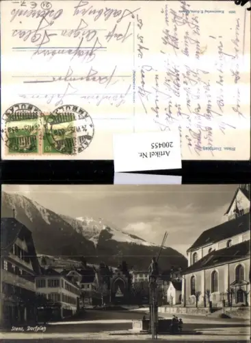 200455,Stans Dorfplatz Platz Brunnen Kirche Kt Obwalden