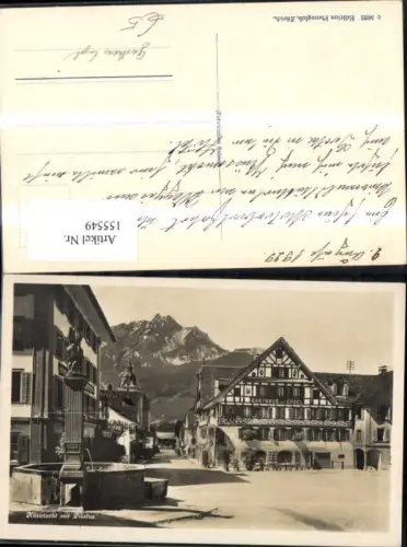 155549,Küssnacht m. Pilatus Dorfplatz Brunnen Gasthaus z. Engel 1929 Kt Schwyz