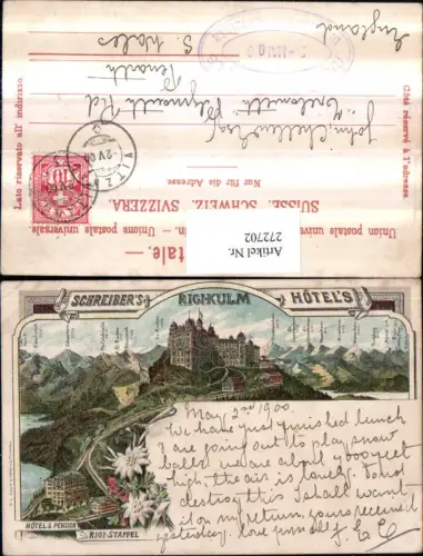 272702,Litho AK Rigi-Kulm Schreibers Hotel Violetter Hotelstempel Rigi Staffel Kt Schwyz