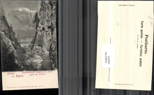 106939,Gruss aus Ragaz Tamminaschlucht Eingang m. Blick geg. d. Falknis Kanton St Gallen
