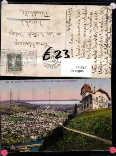 132445,St Gallen Freudenberg m. Blick auf St Gallen u. Bodensee Ansicht 1919 Kt. St Gallen