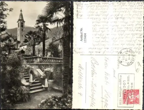 155404,Locarno Ansicht m. Frauen Weidenkorb a. Rücken m. Blumen 1938 Kt Tessin