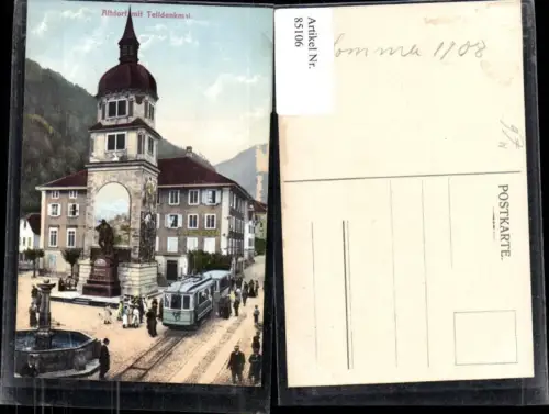 85106, Altendorf mit Telldenkmal Kirche Straßenbahn Brunnen