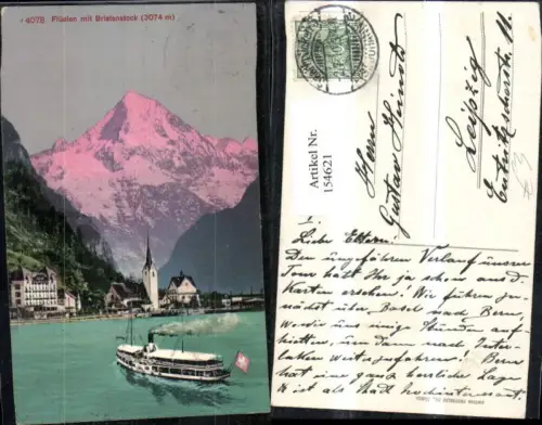 154621,Flüelen m. Bristenstock Ansicht m. Schiff Damper 1934 Kt Uri