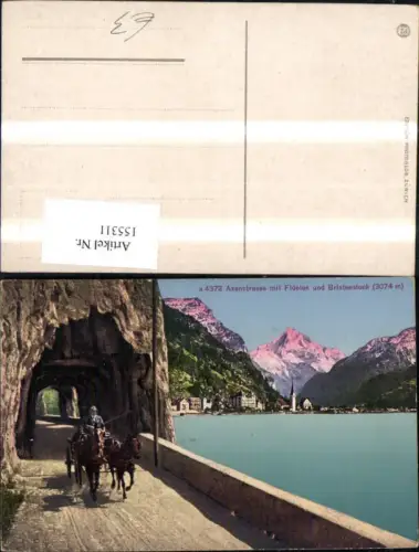 155311,Axenstrasse Flüelen m. Bristenstock Brunnen Vierwaldstättersee Ansicht Pferdekutsche Mann Kt Uri
