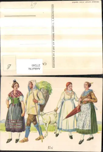 277243,Künstler AK Uri Persoenen Tracht Korb Heu Ziege Schirm