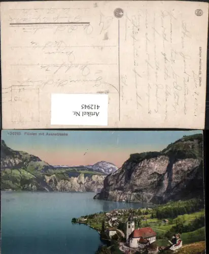 412945,Flüelen Totale m. Axenstrasse See Bergkulisse Kt Uri
