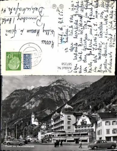587258,Foto Ak Flüelen a. Vierwaldstättersee Hotel Croix Blanche Suisse Auto VW Käfer Switzerland