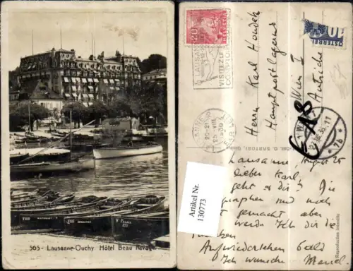 130773,Lausanne Ouchy Hotel Beau Rivages Ansicht Hafen Boot 1930 Kt. Waadt