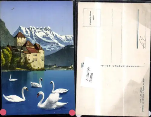 130896,Lac Leman Chateau de Chillon et Dents du Midi Ansicht Schloss Schwäne Kt. Waadt
