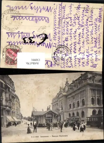 130991,Lausanne Banque Cantonale Strassenansicht Strassenbahn Passanten 1909 Kt. Waadt