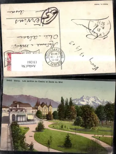 131261,Vevey Les jardins du Casino et Dents du Midi Ansicht Gartenanlage Casino 1913 Kt. Waadt