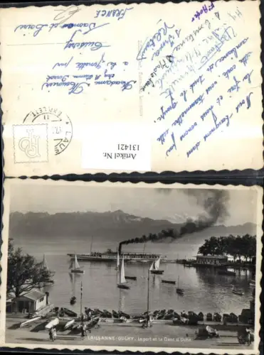131421,Lausanne Ouchy le port et la Dent d Oche Ansicht Hafen Schiff Dampfer Segelboote Kt. Waadt