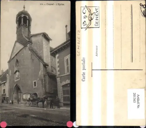201363,Coppet L Eglise Kirche Pferdekutsche Kt Waadt