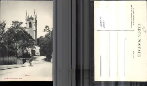 208085,Vevey Strassenansicht m. Kirche Saint Martin Mann a. Fahrrad Rad Kt Waadt