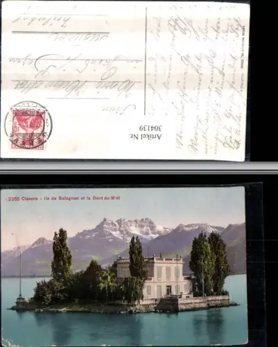 304139,Clarens Ile de Salagnon et la Dent du Midi Insel Gebäude Bergkulisse Kt Waadt