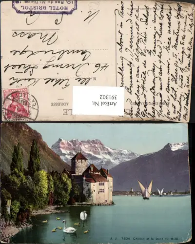 391302,Chillon et la Dent du Midi Schloss b. Veytaux Bergkulisse Schwäne Kt Waadt