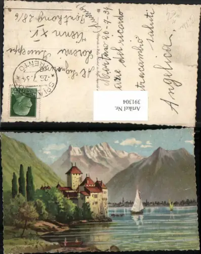 391304,Künstler AK Chateau Chillon Schloss b. Veytaux Bergkulisse Kt Waadt