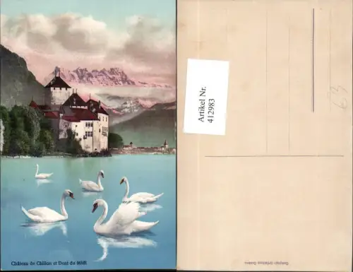 412983,Chateau de Chillon et Dent du Midi Schloss b. Veytaux Schwäne Bergkulisse Kt Waadt