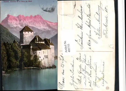 495753,Chateau Chillon et la Dent du Midi b. Veytaux Bergkulisse Kt Waadt