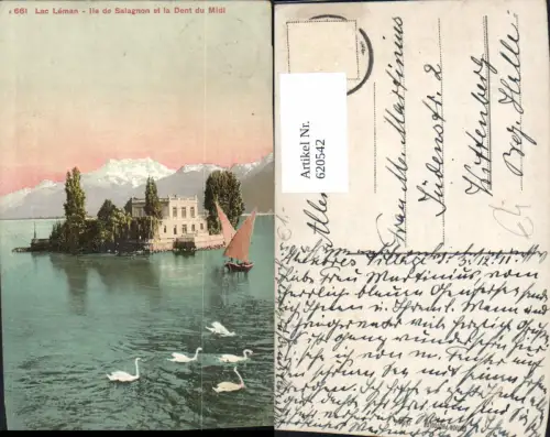 620542,Montreux Lac Leman Ile de Salagnon et la Dent du Midi Schwan Schwäne Segelboot