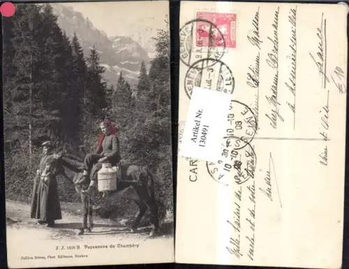 130491,Paysannes de Champery Ansicht Frauen i. Tracht m. Esel 1908 Kt. Wallis
