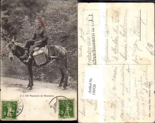 130520,Paysanne de Champery Ansicht Frau i. Tracht auf Esel 1919 Kt. Wallis