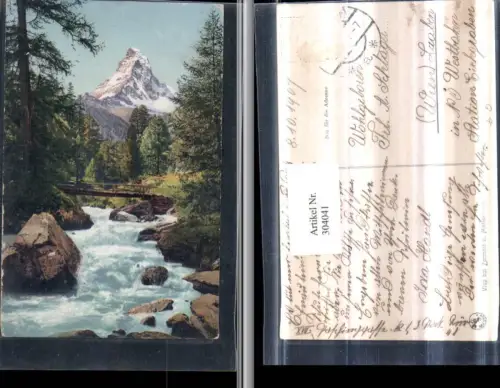 304041,Visp b. Zermatt Matterhorn Bergkulisse Wildbach Brücke Kt Wallis