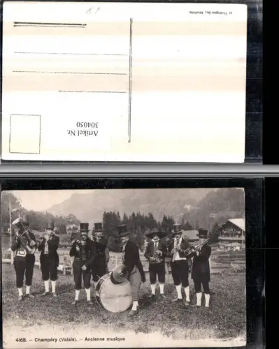 304050,Champery Ancienne musique Musikkapelle Zylinder Hüte Trommel Querflöte Trompete Kt Wallis