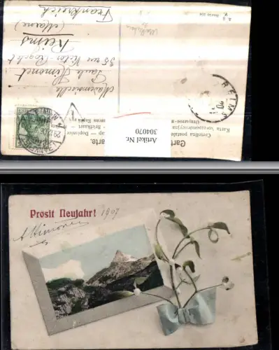304070,Neujahr Matterhorn b. Zermatt Bergkulisse Passepartout Mistelzweig Schleife Kt Wallis