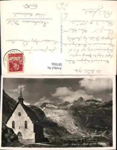 587056,Foto Ak Gletsch Obergoms Blick auf Rhonegletscher Kirchlein Switzerland