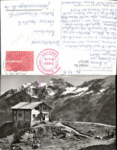 587217,Foto Ak Saas-Fee Spielboden Restaurant geg. Fletschhorn u. Laquinhorn Switzerland