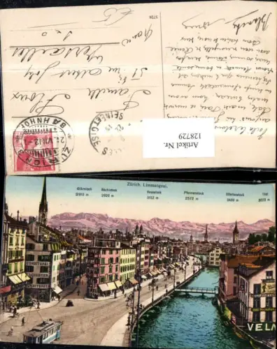 128729,Zürich Limmatquai Ansicht Strassenbahn Brücke 1912 Kt. Zürich