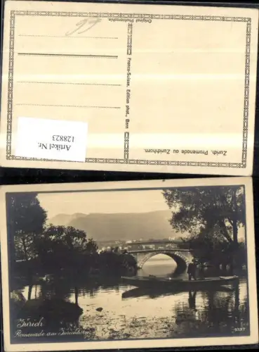 128823,Zürich Promenade a. Zürichhorn Ansicht Brücke Boot m. Mann Kt. Zürich