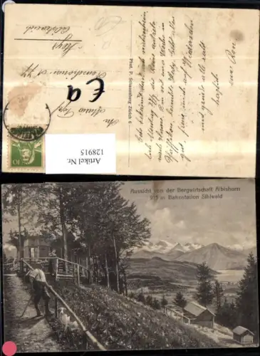 128915,Aussicht v. d. Bergwirtschaft Albishorn Sihlwald Ansicht Wanderer m. Hund Kt. Zürich